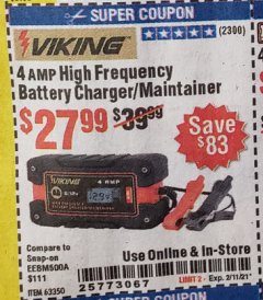 Harbor Freight Coupon 4 AMP FULLY AUTOMATIC MICROPROCESSOR CONTROLLED BATTERY CHARGER/MAINTAINER Lot No. 63350 Expired: 2/11/21 - $27.99