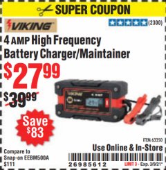 Harbor Freight Coupon 4 AMP FULLY AUTOMATIC MICROPROCESSOR CONTROLLED BATTERY CHARGER/MAINTAINER Lot No. 63350 Expired: 3/9/21 - $27.99