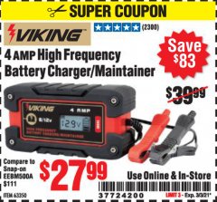 Harbor Freight Coupon 4 AMP FULLY AUTOMATIC MICROPROCESSOR CONTROLLED BATTERY CHARGER/MAINTAINER Lot No. 63350 Expired: 3/3/21 - $27.99