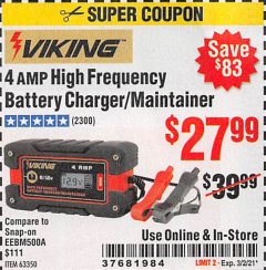 Harbor Freight Coupon 4 AMP FULLY AUTOMATIC MICROPROCESSOR CONTROLLED BATTERY CHARGER/MAINTAINER Lot No. 63350 Expired: 3/2/21 - $27.99