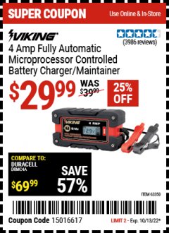 Harbor Freight Coupon 4 AMP FULLY AUTOMATIC MICROPROCESSOR CONTROLLED BATTERY CHARGER/MAINTAINER Lot No. 63350 Expired: 10/13/22 - $29.99