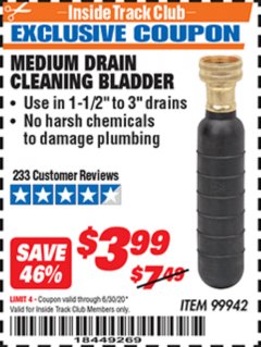 Harbor Freight ITC Coupon MEDIUM DRAIN CLEANING BLADDER Lot No. 99942 Expired: 6/30/20 - $3.99