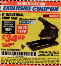 Harbor Freight ITC Coupon 6" INDUSTRIAL CHOP SAW Lot No. 56522, 61204, 69438, 61659 Expired: 7/31/19 - $34.99