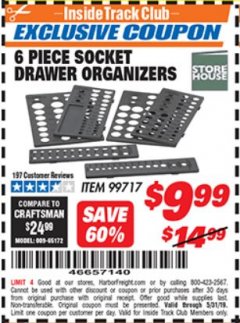 Harbor Freight ITC Coupon 6 PC SOCKET DRAWER ORGANIZERS Lot No. 99717 Expired: 5/31/19 - $9.99