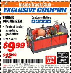 Harbor Freight ITC Coupon TRUNK ORGANIZER Lot No. 65178 Expired: 8/31/18 - $9.99