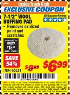 Harbor Freight ITC Coupon 7-1/2 IN WOOL BUFFING PAD Lot No. 90451 Expired: 5/31/19 - $6.99