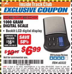 Harbor Freight ITC Coupon 1000 GRAM DIGITAL SCALE CEN-TECH Lot No. 60332 Expired: 5/31/19 - $6.99