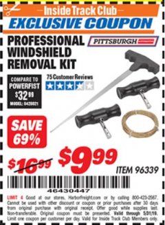 Harbor Freight ITC Coupon PROFESSIONAL WINDSHIELD REMOVAL KIT Lot No. 96339 Expired: 5/31/19 - $9.99
