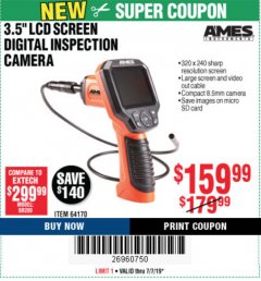 Harbor Freight Coupon 3.5" DIGITAL INSPECTION CAMERA WITH RECORDER Lot No. 64170 Expired: 7/7/19 - $159.99
