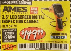 Harbor Freight Coupon 3.5" DIGITAL INSPECTION CAMERA WITH RECORDER Lot No. 64170 Expired: 2/27/20 - $149.99