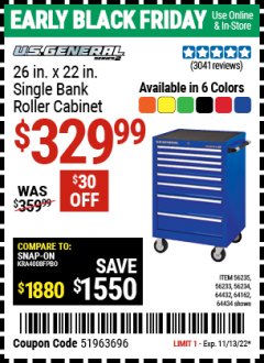 Harbor Freight Coupon 26X22 SINGLE BANK ROLLER CABINET Lot No. 641613 Expired: 11/13/22 - $329.99