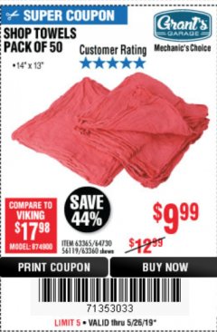 Harbor Freight Coupon SHOP TOWELS, PACK OF 50 Lot No. 63365 Expired: 5/26/19 - $9.99