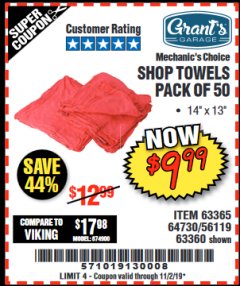 Harbor Freight Coupon SHOP TOWELS, PACK OF 50 Lot No. 63365 Expired: 11/2/19 - $9.99
