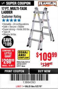 Harbor Freight Coupon 17 FT. MULTI-TASK LADDER Lot No. 67646/62514/63418/63419/63417 Expired: 6/2/19 - $109.99
