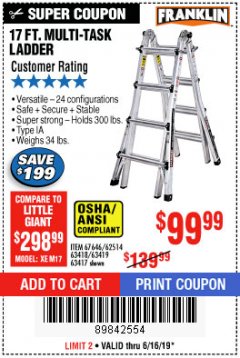 Harbor Freight Coupon 17 FT. MULTI-TASK LADDER Lot No. 67646/62514/63418/63419/63417 Expired: 6/16/19 - $99.99