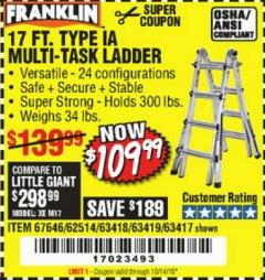 Harbor Freight Coupon 17 FT. MULTI-TASK LADDER Lot No. 67646/62514/63418/63419/63417 Expired: 10/14/19 - $109.99