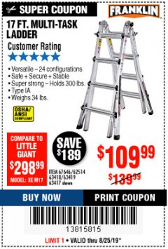 Harbor Freight Coupon 17 FT. MULTI-TASK LADDER Lot No. 67646/62514/63418/63419/63417 Expired: 8/25/19 - $109.99