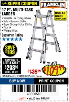 Harbor Freight Coupon 17 FT. MULTI-TASK LADDER Lot No. 67646/62514/63418/63419/63417 Expired: 9/30/19 - $109.99