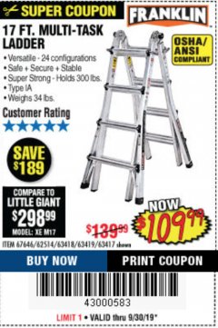 Harbor Freight Coupon 17 FT. MULTI-TASK LADDER Lot No. 67646/62514/63418/63419/63417 Expired: 9/30/19 - $109.99