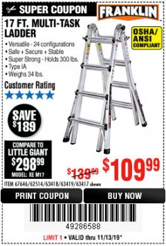 Harbor Freight Coupon 17 FT. MULTI-TASK LADDER Lot No. 67646/62514/63418/63419/63417 Expired: 11/13/19 - $109.99