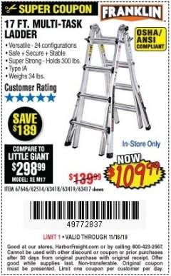 Harbor Freight Coupon 17 FT. MULTI-TASK LADDER Lot No. 67646/62514/63418/63419/63417 Expired: 11/16/19 - $109.99