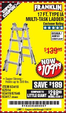Harbor Freight Coupon 17 FT. MULTI-TASK LADDER Lot No. 67646/62514/63418/63419/63417 Expired: 11/9/19 - $109.99