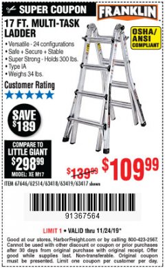 Harbor Freight Coupon 17 FT. MULTI-TASK LADDER Lot No. 67646/62514/63418/63419/63417 Expired: 11/24/19 - $109.99