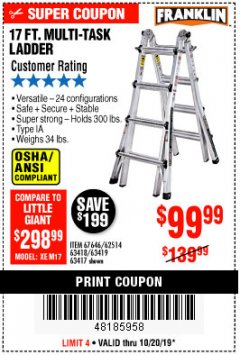 Harbor Freight Coupon 17 FT. MULTI-TASK LADDER Lot No. 67646/62514/63418/63419/63417 Expired: 10/20/19 - $99.99