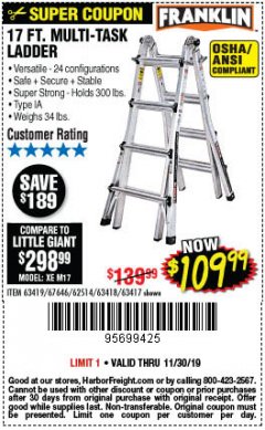 Harbor Freight Coupon 17 FT. MULTI-TASK LADDER Lot No. 67646/62514/63418/63419/63417 Expired: 11/30/19 - $109.99