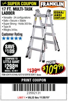 Harbor Freight Coupon 17 FT. MULTI-TASK LADDER Lot No. 67646/62514/63418/63419/63417 Expired: 11/30/19 - $109.99