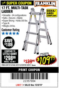 Harbor Freight Coupon 17 FT. MULTI-TASK LADDER Lot No. 67646/62514/63418/63419/63417 Expired: 12/8/19 - $109.99