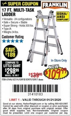 Harbor Freight Coupon 17 FT. MULTI-TASK LADDER Lot No. 67646/62514/63418/63419/63417 Expired: 1/21/20 - $109.99