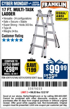 Harbor Freight Coupon 17 FT. MULTI-TASK LADDER Lot No. 67646/62514/63418/63419/63417 Expired: 12/2/19 - $99.99