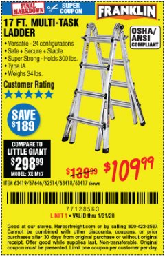Harbor Freight Coupon 17 FT. MULTI-TASK LADDER Lot No. 67646/62514/63418/63419/63417 Expired: 1/31/20 - $109.99