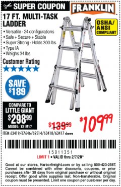 Harbor Freight Coupon 17 FT. MULTI-TASK LADDER Lot No. 67646/62514/63418/63419/63417 Expired: 2/7/20 - $109.99