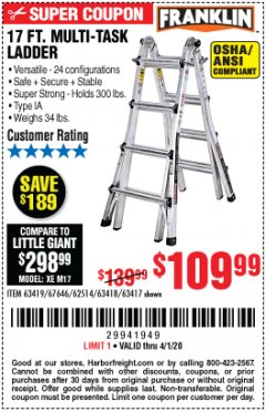 Harbor Freight Coupon 17 FT. MULTI-TASK LADDER Lot No. 67646/62514/63418/63419/63417 Expired: 4/1/20 - $109.99