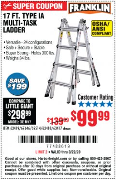 Harbor Freight Coupon 17 FT. MULTI-TASK LADDER Lot No. 67646/62514/63418/63419/63417 Expired: 3/22/20 - $99.99