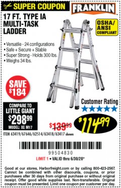 Harbor Freight Coupon 17 FT. MULTI-TASK LADDER Lot No. 67646/62514/63418/63419/63417 Expired: 6/30/20 - $114.99