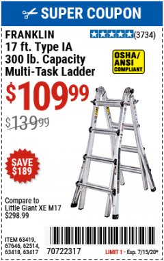 Harbor Freight Coupon 17 FT. MULTI-TASK LADDER Lot No. 67646/62514/63418/63419/63417 Expired: 7/15/20 - $109.99