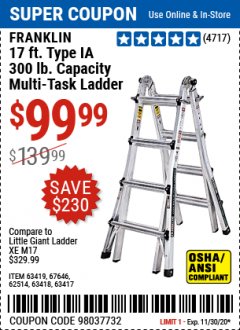 Harbor Freight Coupon 17 FT. MULTI-TASK LADDER Lot No. 67646/62514/63418/63419/63417 Expired: 11/30/20 - $99.99
