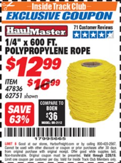 Harbor Freight ITC Coupon 1/4" X 600 FT. POLYPROPYLENE ROPE Lot No. 47836/62751 Expired: 2/28/19 - $12.99