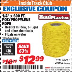 Harbor Freight ITC Coupon 1/4" X 600 FT. POLYPROPYLENE ROPE Lot No. 47836/62751 Expired: 4/30/20 - $12.99