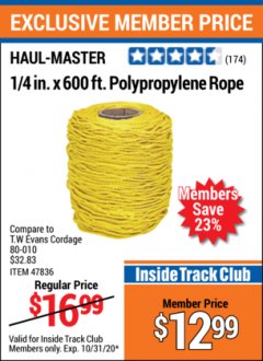 Harbor Freight ITC Coupon 1/4" X 600 FT. POLYPROPYLENE ROPE Lot No. 47836/62751 Expired: 10/31/20 - $12.99