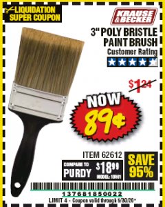Harbor Freight Coupon 3" POLY BRISTLE PAINT BRUSH Lot No. 39688/62612 Expired: 6/30/20 - $0.89