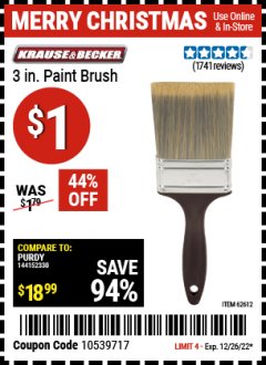 Harbor Freight Coupon 3" POLY BRISTLE PAINT BRUSH Lot No. 39688/62612 Expired: 12/26/21 - $1