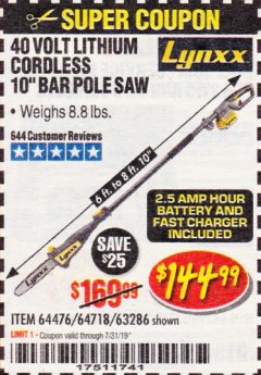 Harbor Freight Coupon 10" BAR POLE SAW Lot No. 64476/64718/63286 Expired: 7/31/19 - $144.99