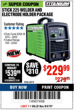 Harbor Freight Coupon TITANIUM STICK 225 INVERTER WELDER WITH ELECTRODE HOLDER Lot No. 64978 Expired: 8/4/19 - $229.99