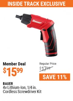 Harbor Freight ITC Coupon BAUER 4 VOLT LITHIUM CORDLESS 1/4" SCREWDRIVER KIT Lot No. 64313 Expired: 5/31/21 - $15.99