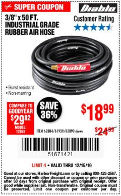Harbor Freight Coupon DIABLO 3/8" X 50 FT. INDUSTRIAL GRADE RUBBER AIR HOSE Lot No. 62884 69580 61939 62890 Expired: 12/15/19 - $18.99