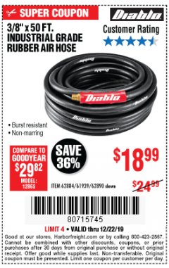 Harbor Freight Coupon DIABLO 3/8" X 50 FT. INDUSTRIAL GRADE RUBBER AIR HOSE Lot No. 62884 69580 61939 62890 Expired: 12/22/19 - $18.99